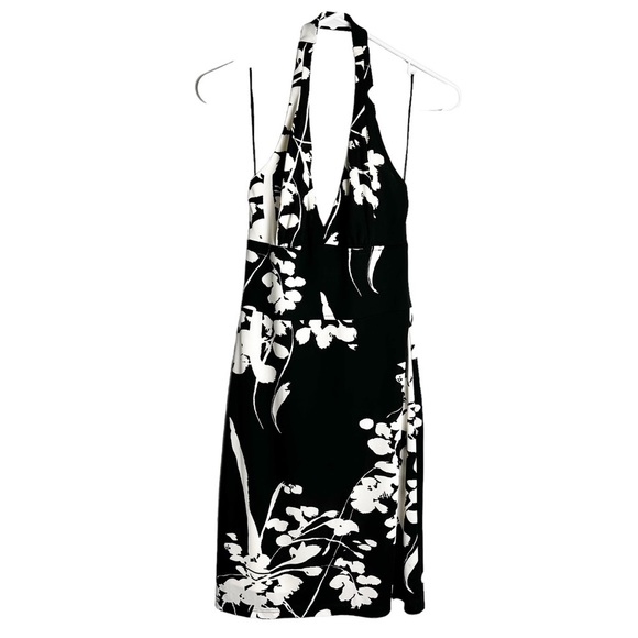 ABS Allen Schwartz - Vintage Black & White Floral Print Halter Dress - Sz.‎ SP - Picture 1 of 7